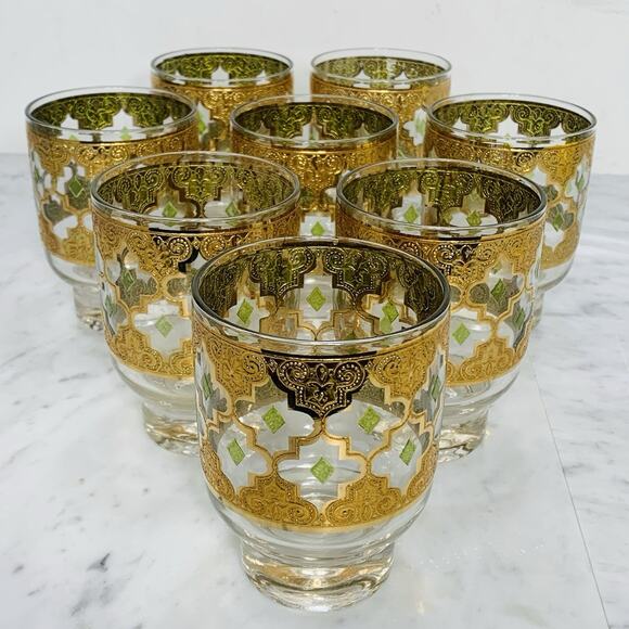 CULVER Valencia 22K Gold Footed Double Old Fashioned Glass Set 8 Vintage MCM EUC - Picture 1 of 10